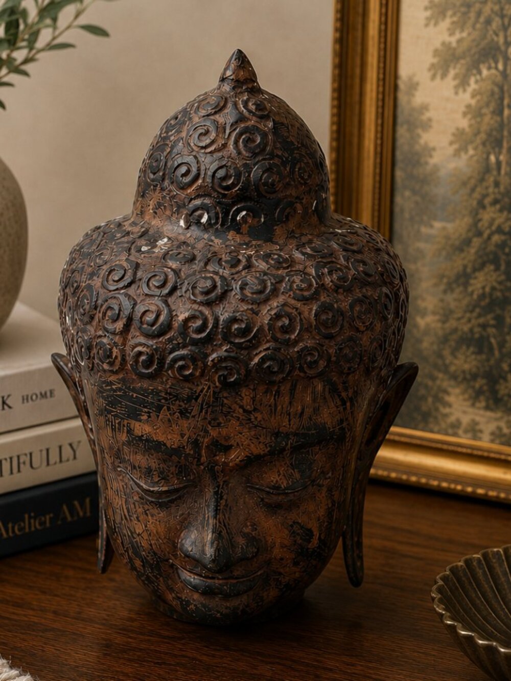 Antique Style Bronze Sukhothai Buddha Head Sculpture Statue Meditation Decor 7" - Picture 2 of 10